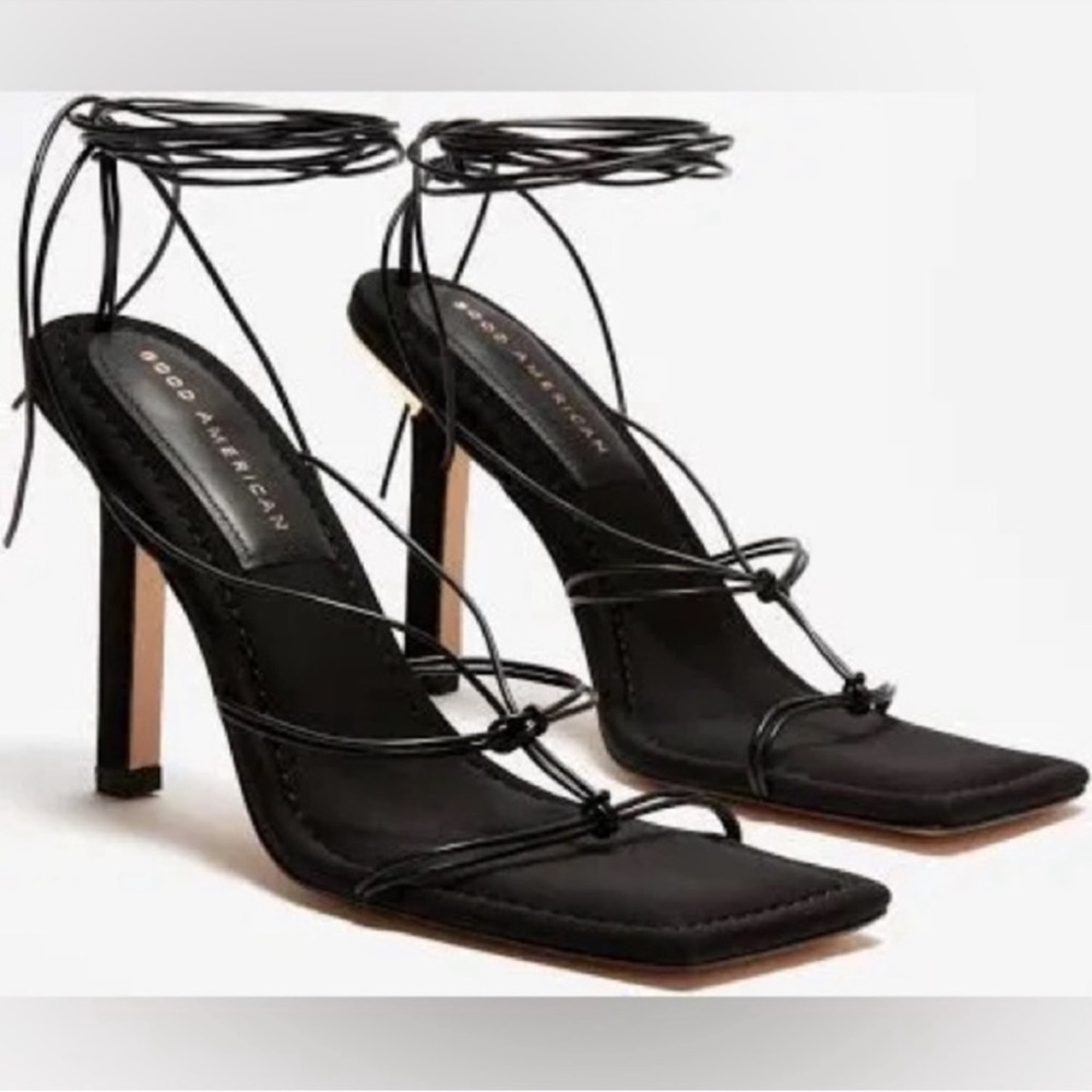 Good American Black Strappy Lace-Up Stiletto Sandals